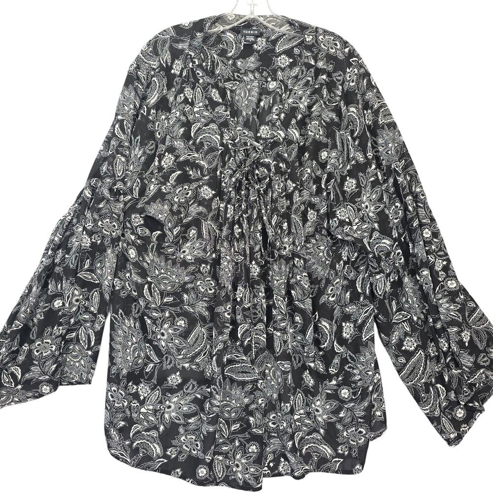 Torrid Black Floral Shirt Sheer Blouse Long Bell Sleeves Womens Plus Size 4X Top